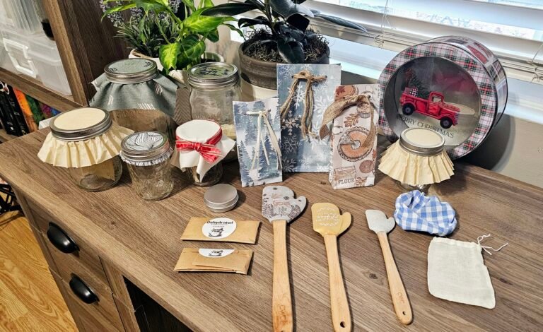 Various gift packaging ideas for homemade dehydrated sourdough starter, including mason jars, decorative bags, and wooden spoons