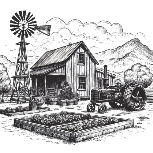 Hand-drawn illustration of a rustic farm scene with barn, windmill, tractor, and garden bed