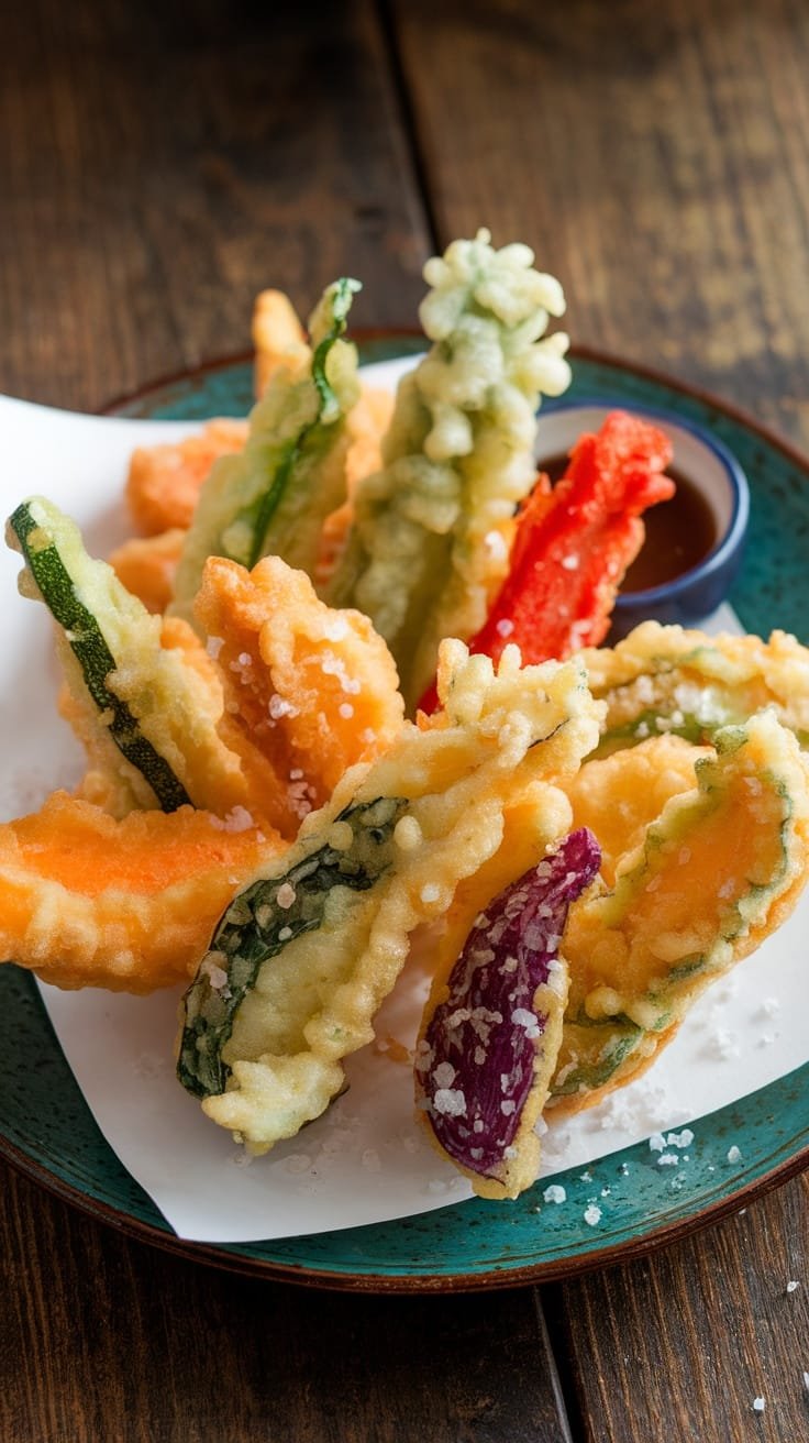 Crispy Beef Tallow Tempura Vegetables Recipe Plate of crispy tempura vegetables with assorted colors, served with dipping sauce.