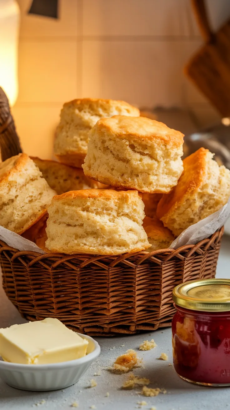 Classic Flaky Tallow Biscuits Recipe A basket of golden flaky tallow biscuits with butter and jam on a rustic kitchen table.
