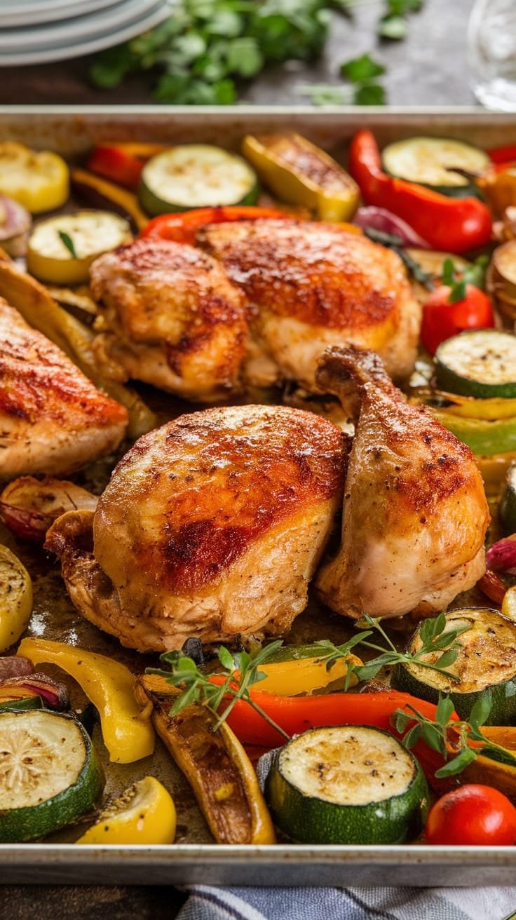 Herb-Roasted Chicken and Veggie Sheet Pan Dinner with Tallow Sheet pan dinner with roasted chicken and colorful vegetables like zucchini, bell peppers, and onions, garnished with herbs.